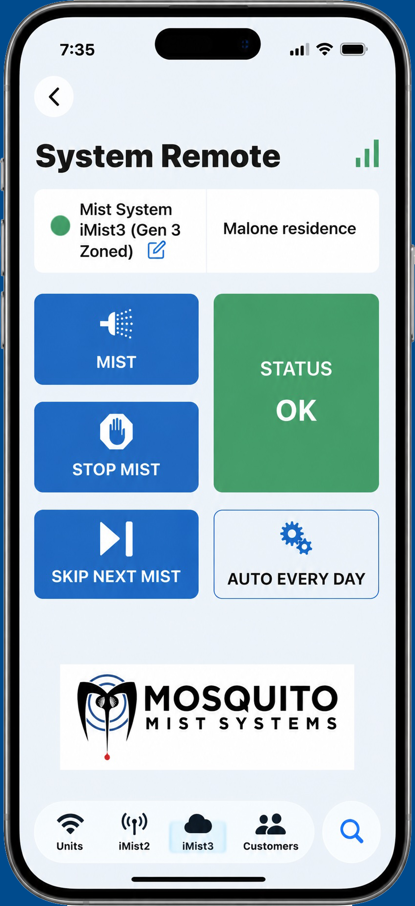 iMist smartphone app showing system remote control for Mosquito Mist Systems